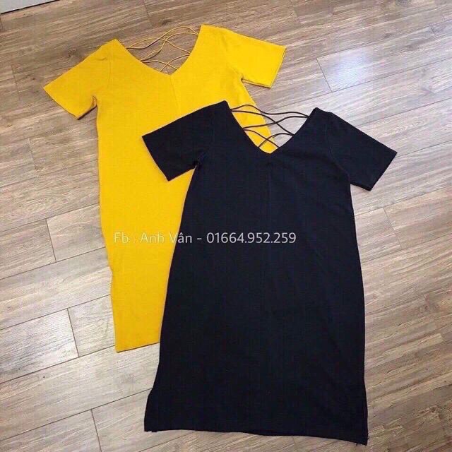 Đầm suông trơn form rộng chất cotton tàu cổ tim đan dây lưng xinh xắn | BigBuy360 - bigbuy360.vn