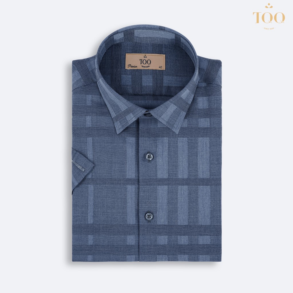 Áo sơ mi nam ngắn tay TQQ dáng Slimfit công sở chất liệu Viscose có co dãn K414CSC-CB màu chì đậm dệt kẻ chìm