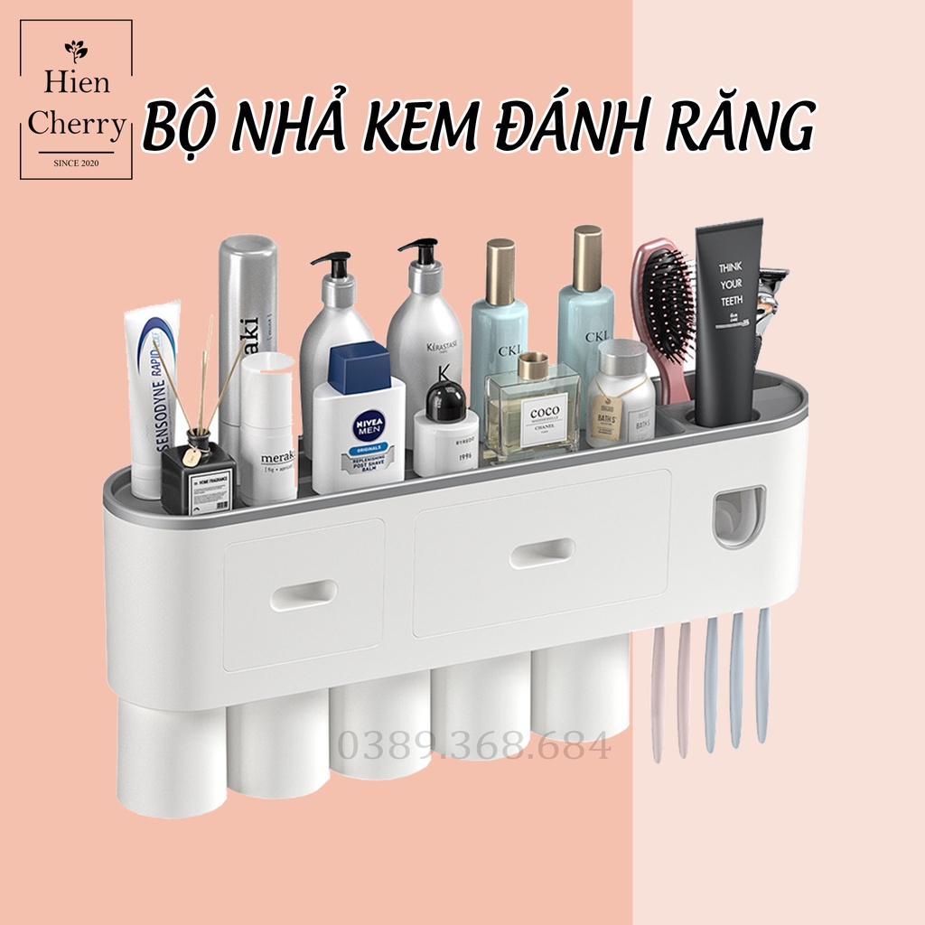 Bộ nhả kem đánh răng tự động cao cấp, dán tường, kèm giá để đổ, cốc nước và giá treo bàn chải đánh răng