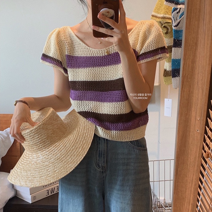 【ZHELIHANGFEI】Áo Thun Dệt Kim Tay Ngắn Dáng Rộng Kẻ Sọc Màu Sắc Tương Phản Độc Đáo