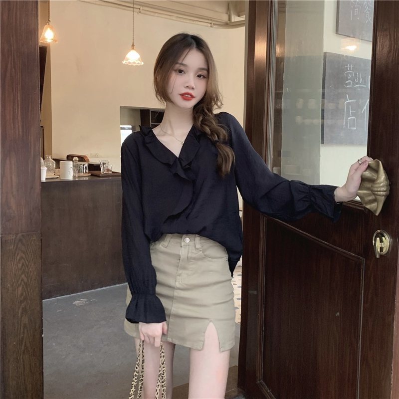 Áo Sơ Mi Chiffon Tay Dài Cổ Chữ V Phối Bèo Dễ Phối Đồ Thời Trang 49822