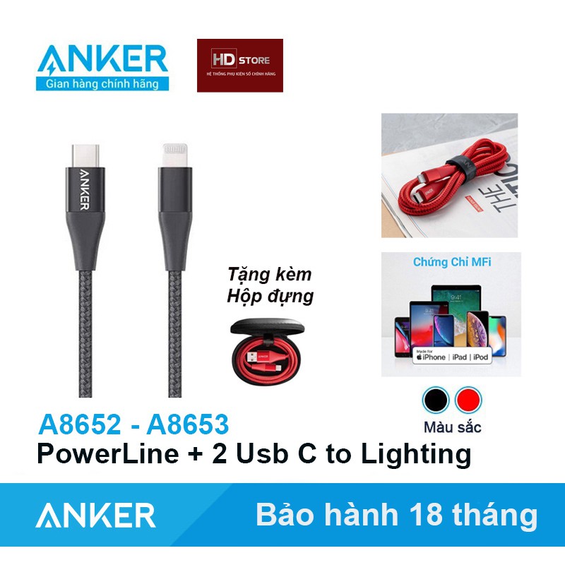 Cáp dù ANKER PowerLine + II Type C to Lighting Sạc nhanh Iphone Ipad MFI - A8652 A8653 Chính hãng Dài 1 Mét 2 Mét