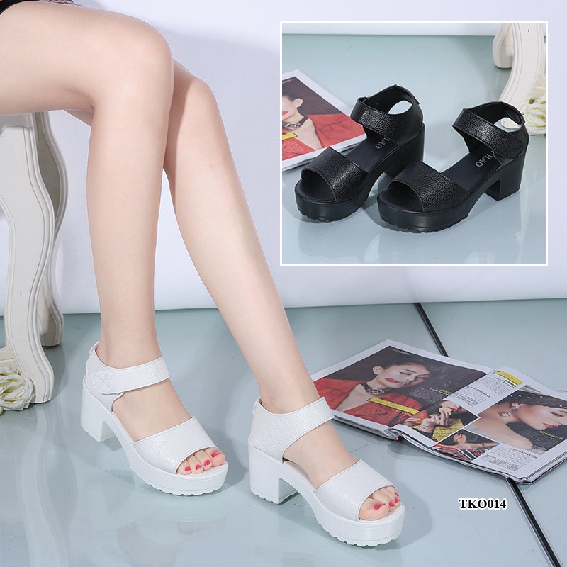 Dép Sandal da cao gót, dép quai ngang đế 7p Hàn Quốc cá tính chắc chân, chống trơn trượt TKO014
