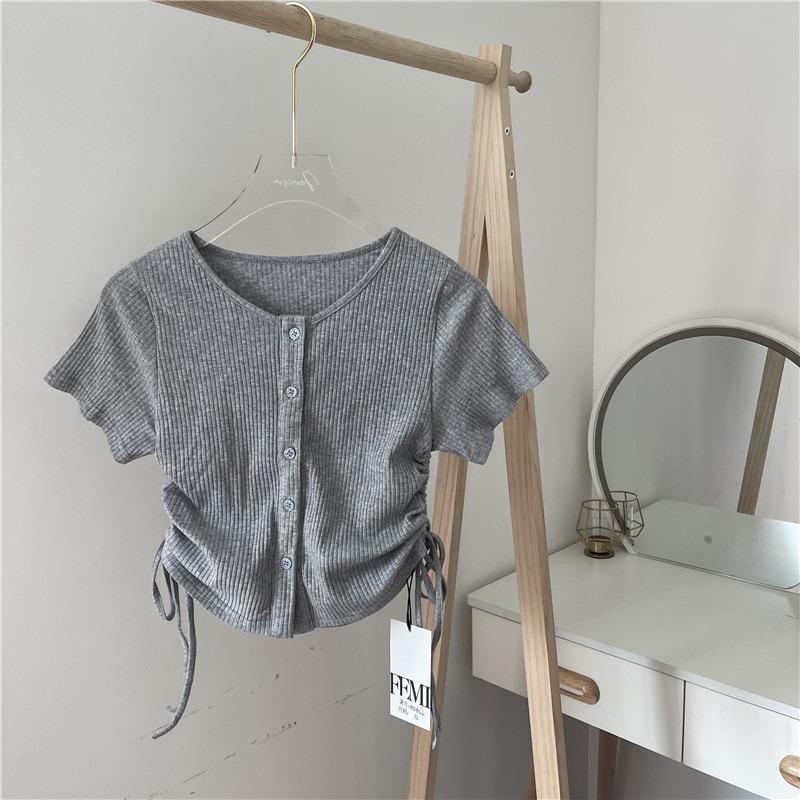 [Babycat] Hàng Có Sẵn Áo Thun Cardigan Tay Ngắn Phối Dây Rút Xếp Ly Phong Cách Hàn Quốc Nhật Bản Cho Nữ