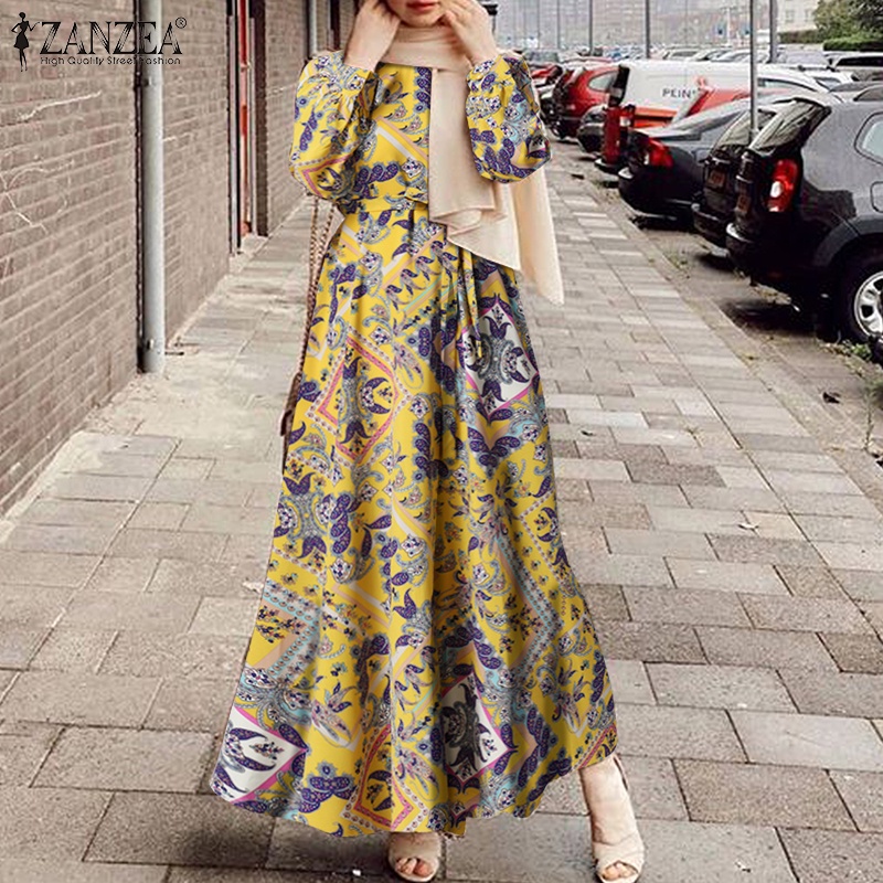 Đầm maxi Zanzea tay dài cổ tròn họa tiết hoa phong cách hồi giáo thời trang cho nữ