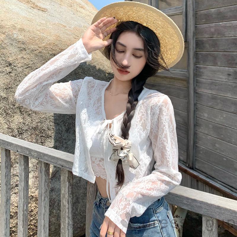 Áo Sơ Mi Tay Dài Màu Trơn Phối Ren Chống Nắng Thời Trang Mùa Hè Cho Nữ