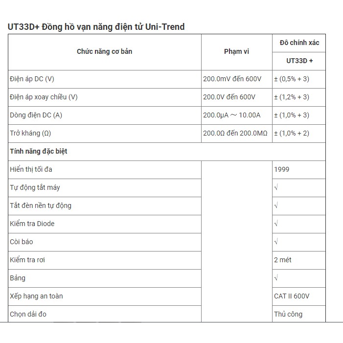 "UNI-T UT33D + Đồng hồ vạn năng kỹ thuật số  (AC DC-600V) (DC-10A) / 200MΩ Đo điện trở, điện áp và dòng điện"