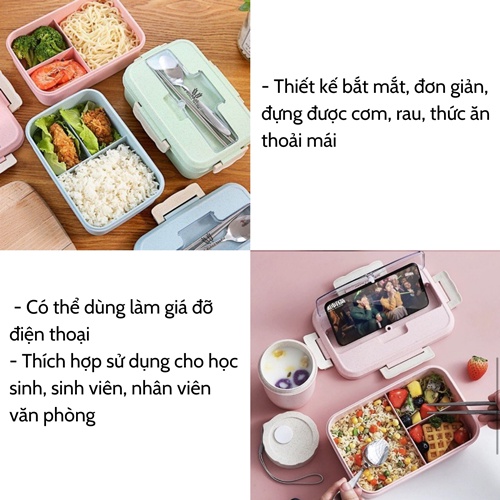 [Freeship] Hộp đựng cơm ♥️ Hộp cơm lúa mạch văn phòng 3 ngăn cao cấp giá rẻ kèm đũa thìa inox sử dụng cho lò vi sóng