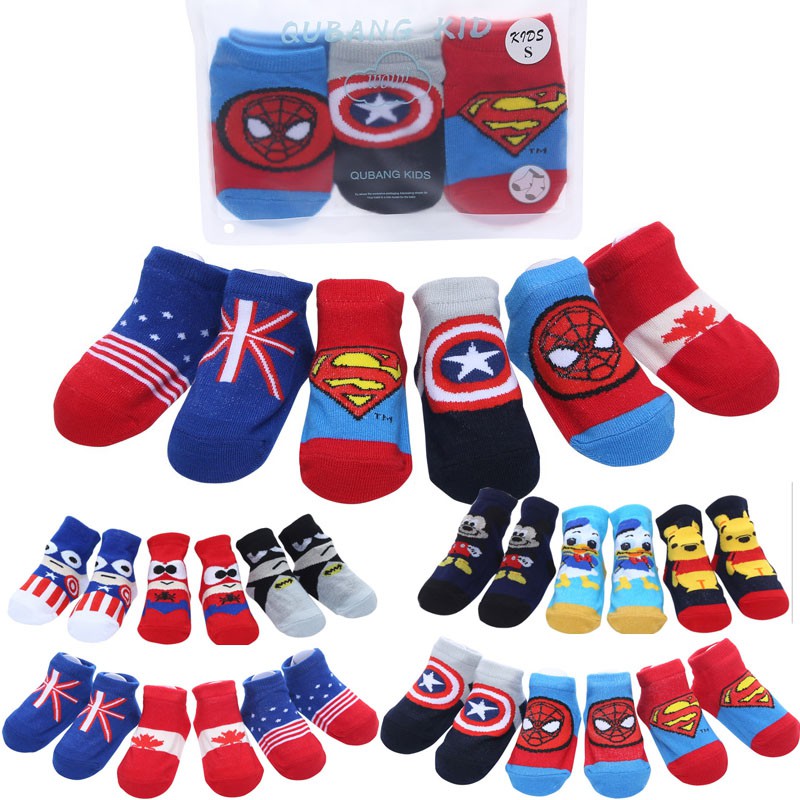 Set 3 Đôi Vớ Cotton Mỏng Ống Ngắn Chống Trượt Họa Tiết Hoạt Hình Marvel / Mickey / Gấu Dễ Thương Cho Bé