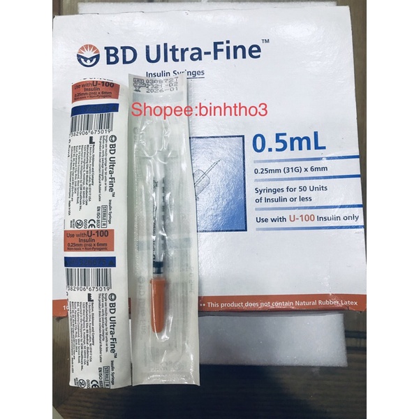Bơm kim tiêm insulin syringes BD ultra fine 0.5ml (0.25mm (31G) x 6mm) (made in mỹ usa) kim chích tiểu đường