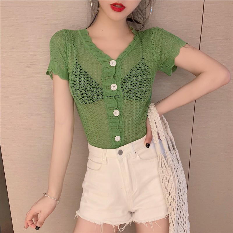 Áo len nữ ngắn tay sợi mỏng 3 màu thời trang | BigBuy360 - bigbuy360.vn