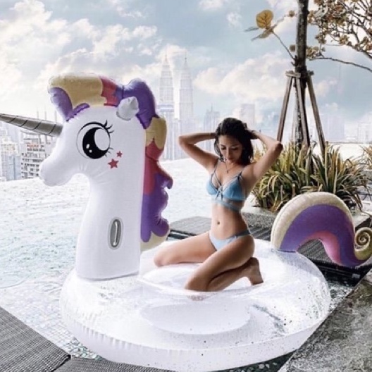 Phao Bơi Kì Lân Ánh Nhũ 240cm Khổng Lồ Người Lớn Kèm Bơm Điện + Phao Mini