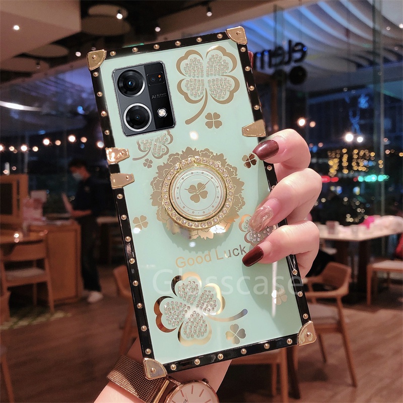 Ốp Điện Thoại Hình Cỏ Ba Lá Đính Đá Gắn Nhẫn Đỡ Cho Oppo Reno 7 7Z 8 5 6 Pro Reno7 Reno8 Z 4G 5G