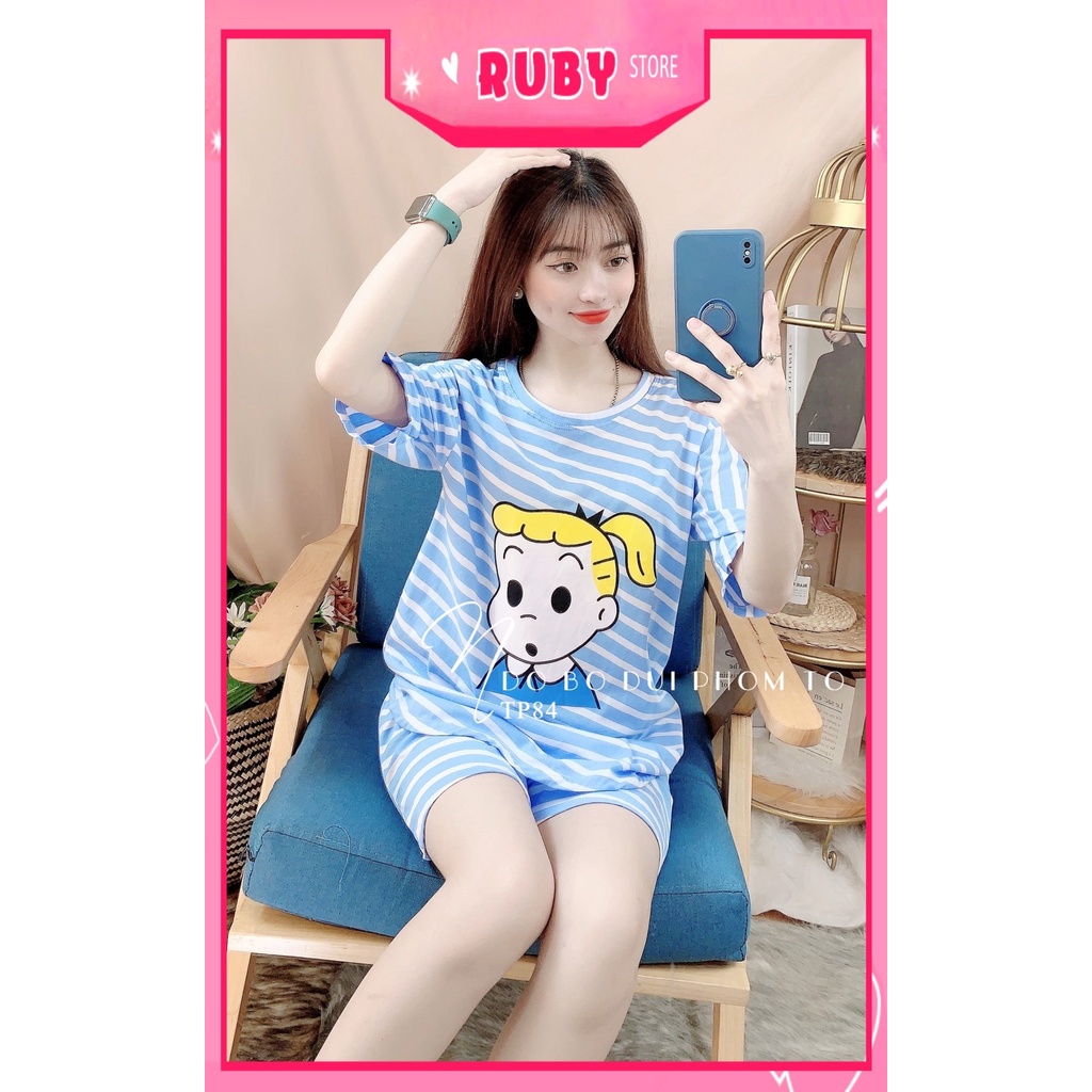 Đồ bộ nữ mặc nhà phom to chất thun mềm mát phối sọc in hoạt hình dễ thương TP84