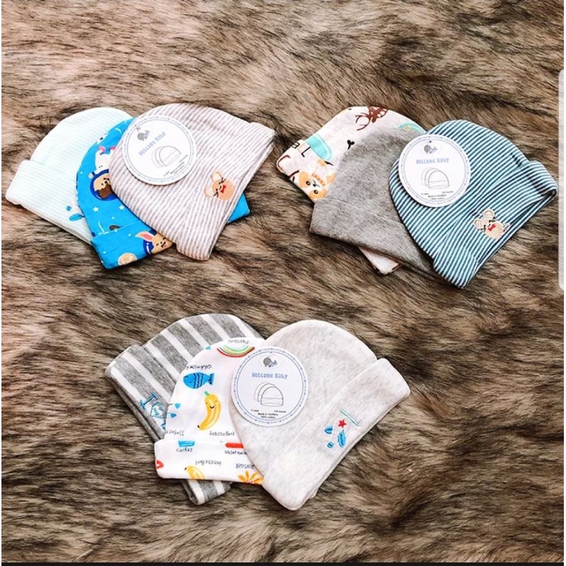 Set 3 Chiếc Mũ Nỉ Cotton 2 Lớp Nhiều Mẫu Cho Bé 0-6 Tháng