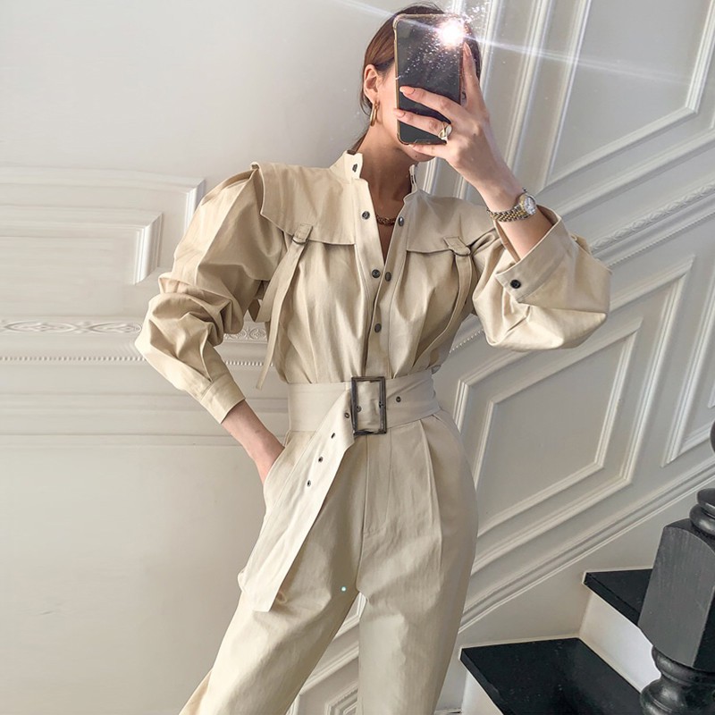 Jumpsuit Tay Phồng Korea Style Kèm Thắt Lưng Cá Tính Đồ Bay Sơ Mi Nữ Quần Tây Dài Demin Trắng Thanh Lịch Công Sở