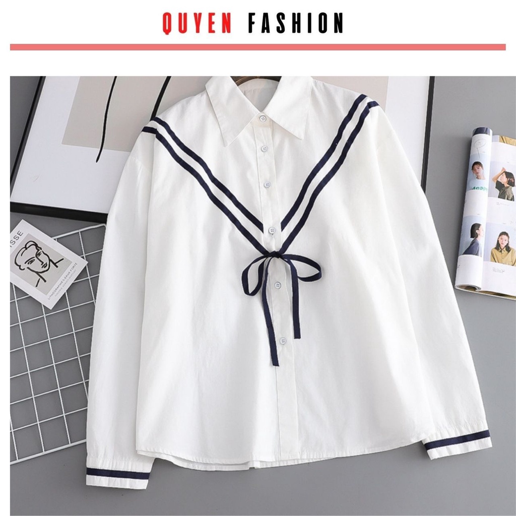 Áo sơ mi công sở kiểu dáng hàn quốc thắt nơ trẻ trung Quyên Fashion AA549 màu trắng, kẻ