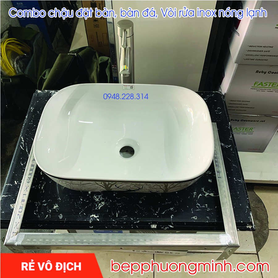 Bộ chậu rửa đặt bàn, bàn đá, vòi lavabo cao sus304 cao cấp