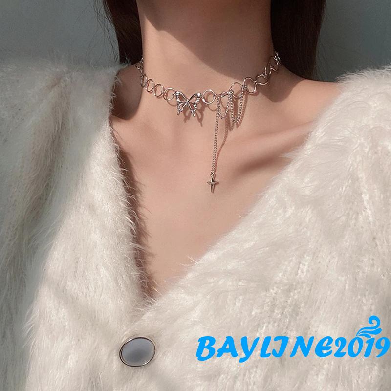 Bay-Women Butterfly Choker Necklace, Silver Adjustable Collarbone Chain, Gifts for Wife/ Girlfriend