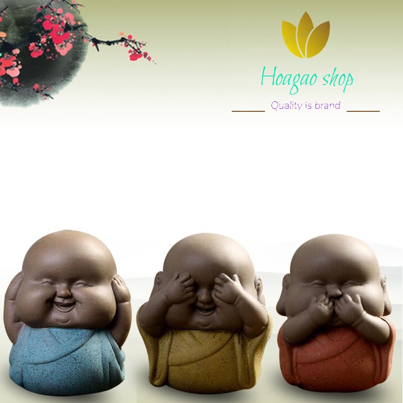 Bộ tượng chú tiểu tam không tròn bằng gốm tử sa, cát tím cao cấp size nhỏ để bàn làm việc