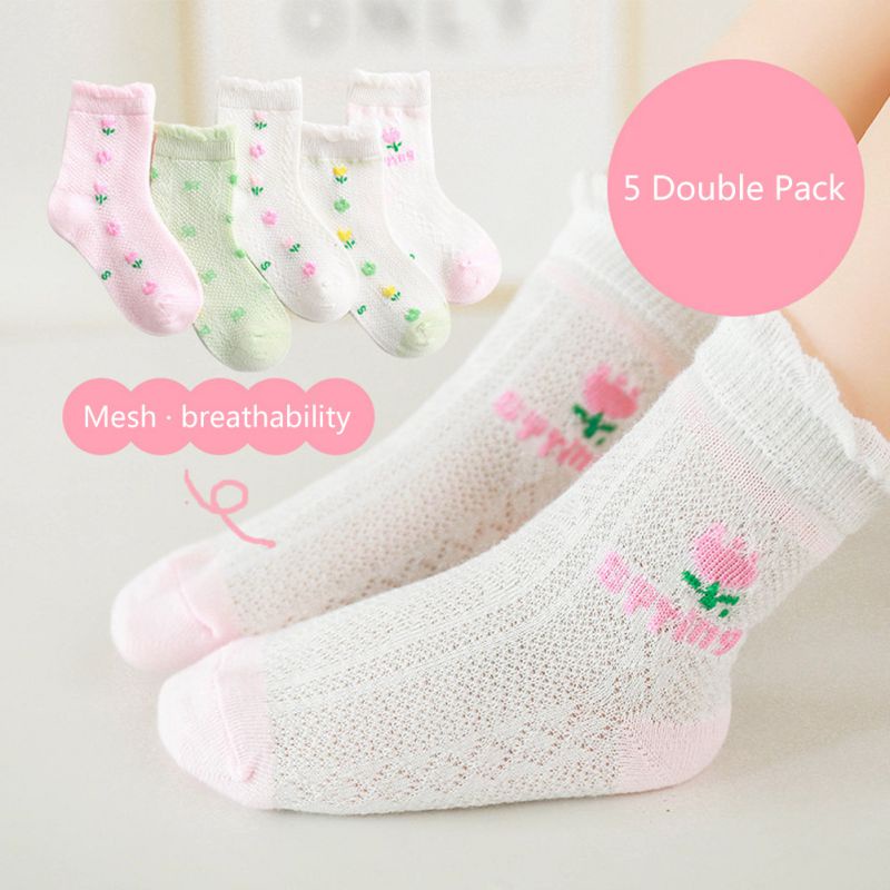 Bộ 5 Đôi Vớ Cotton Thoáng Khí Thoải Mái Họa Tiết Hoạt Hình Xinh Xắn Dành Cho Bé