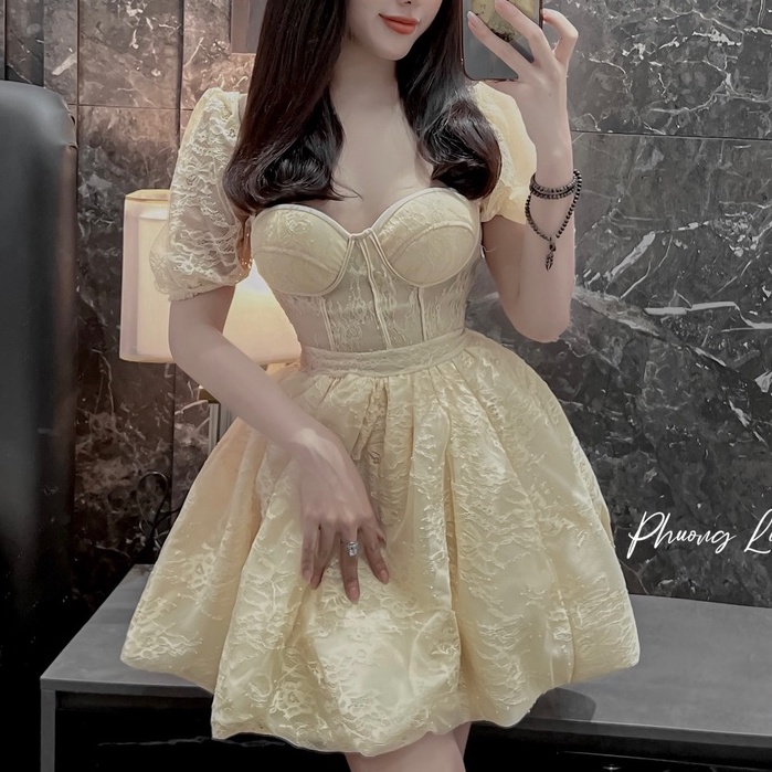 Đầm thiết kế dự tiệc LINH RUBI STORE đầm tiểu thư dáng xòe cúp ngực tay bồng chất ren hoa nổi 2 lớp cao cấp V280