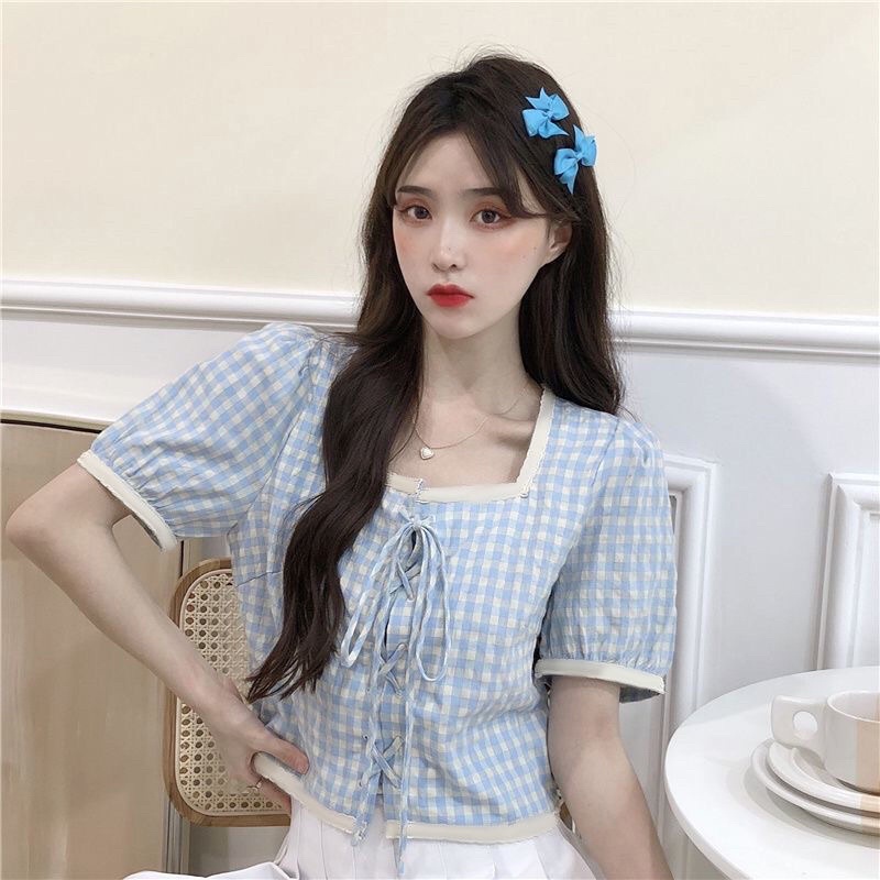 Áo Croptop cổ vuông tay ngắn phong cách Hàn Quốc mã QD097