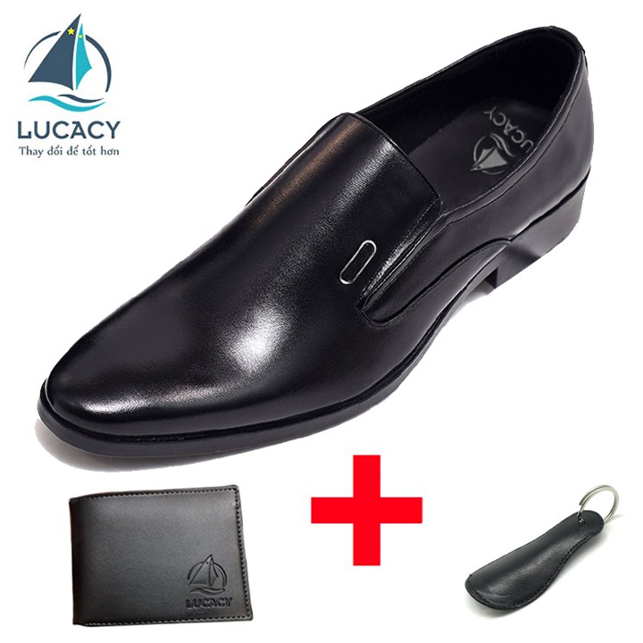 Combo giày công sở nam Lucacy da thật họa tiết trơn đơn giản + 1 ví da