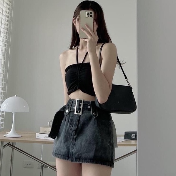 Áo quây ngực nữ, croptop dây rút ngực hở eo buộc dây cổ dáng yếm sexy đen trắng phom ôm body hàn quốc Wikishop C990