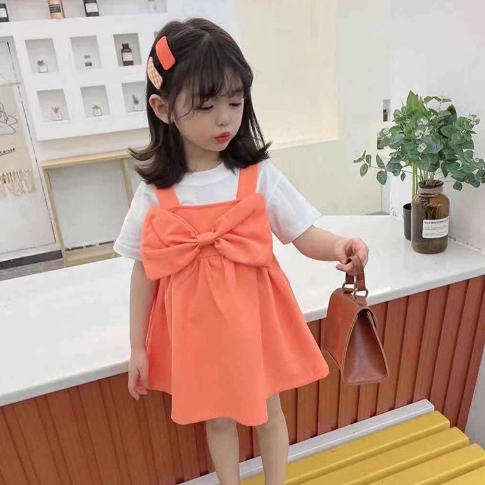 Hàng Mới Về Set Áo Thun Ngắn Tay + Đầm Hai Dây Phong Cách Hàn Quốc Thời Trang Mùa Hè Cho Bé Gái