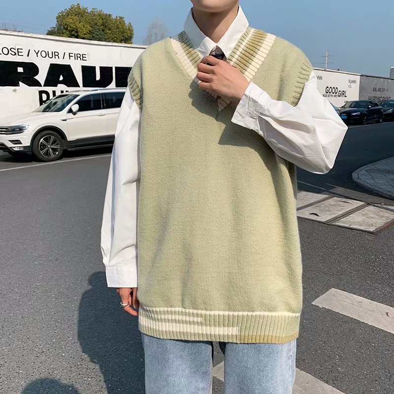 Áo Sweater Dệt Kim Unisex Cổ Chữ V Không Tay Phong Cách Hàn Quốc 4 Màu Sắc Size M-3XL