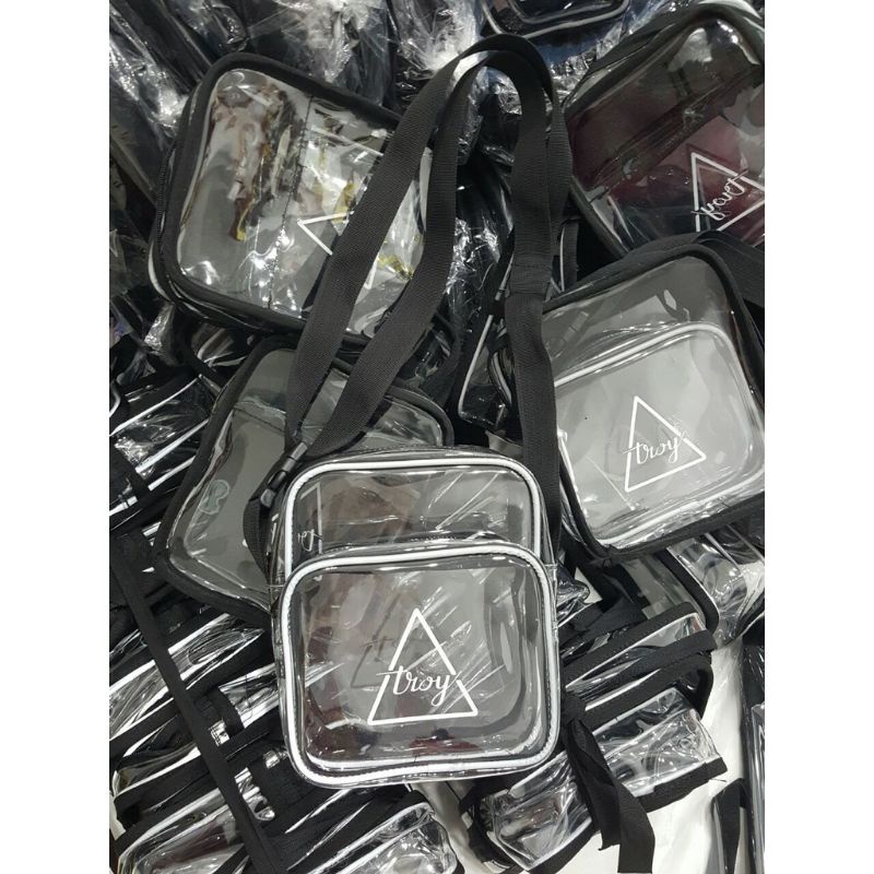 Túi đeo chéo nam nữ nhựa trong suốt viền gân trắng phản quang dây đeo bản lớn 3cm NEW TA036