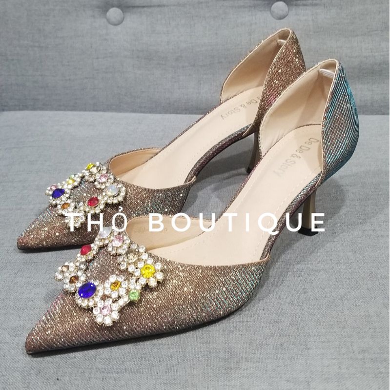 Giày cao gót De De & Story chính hãng ánh kim vàng đồng tag đá nhiều màu 6cm size 39
