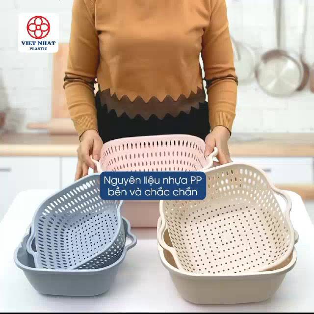 Bộ rổ vuông 2 lớp Việt Nhật (MS:3288/3289/3290) - Bộ rổ kèm chậu hứng nước rửa rau củ đựng hoa quả trái cây Br 01542 | BigBuy360 - bigbuy360.vn