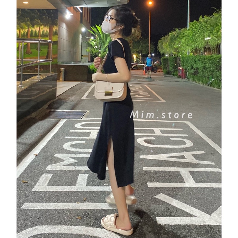 Váy đầm body zip đen xẻ tà, váy body tăm đen dài sang chảnh