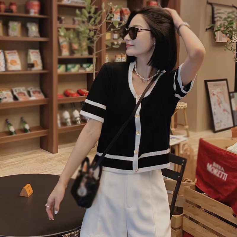 Áo Croptop Dệt Kim Cổ Tròn Màu Tương Phản Thời Trang Mùa Hè Cho Nữ