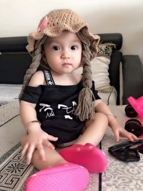 Nón len 2 bính tóc giả cho bé yêu
