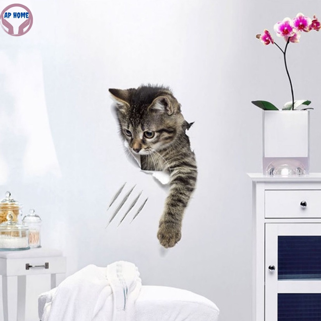 Tranh mèo 3D sống động decal dán xe hơi laptop toilet trang trí nhà cửa bằng sticker