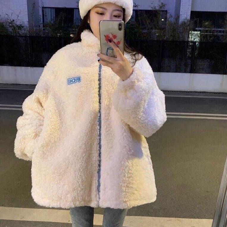 [XẢ KHO] Áo Khoác Lông Cừu PICHI Ulzzang Dạo Phố Phong Cách Cổ Cao- Áo Lông Kéo Khoá Thêu Logo Unisex Hàn Quốc