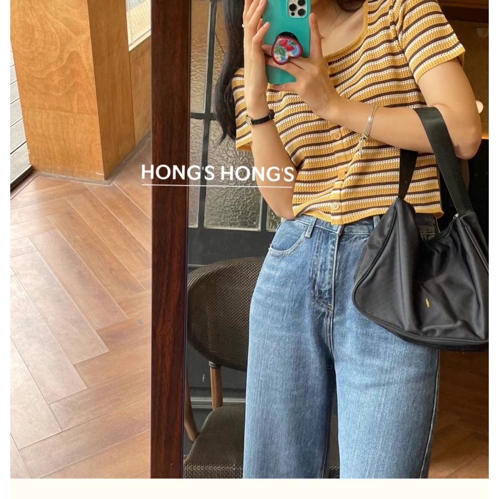 DUNEA Áo Thun Lửng Dệt Kim Họa Tiết Kẻ Sọc Thời Trang Mùa Hè Cho Nữ