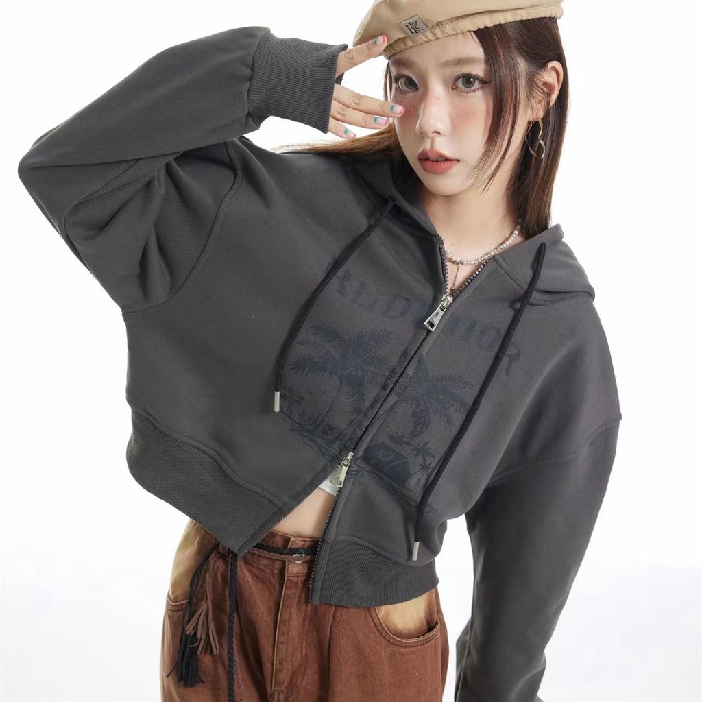 Áo Khoác Cardigan Có Khóa Kéo Đôi Phong Cách Đường Phố Retro Mỹ Bán Chạy Màu Xám Ngắn Mùa Thu Cho