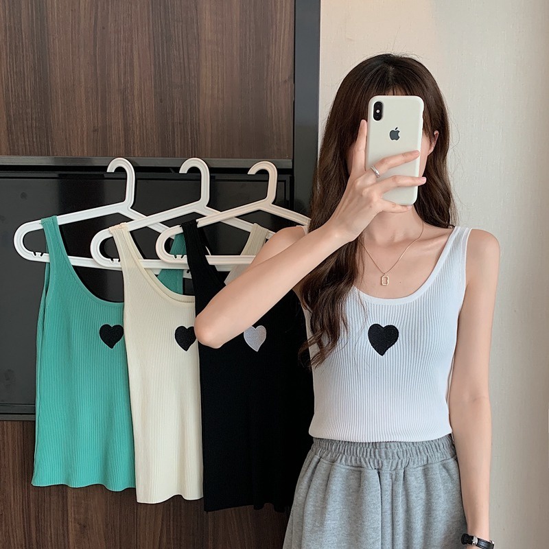 Áo không tay ZHELIHANGFEI dệt kim thêu họa tiết trái tim hở lưng xinh xắn