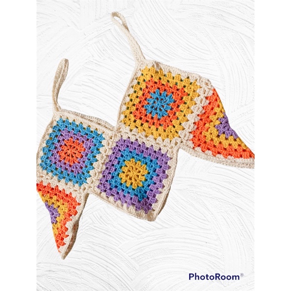 Áo hoa văn ghép Len móc crochet top phong cách bohemian