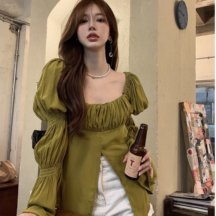 Áo kiểu tay dài ống loe cổ vuông màu trơn xẻ tà trước thời trang xuân thu cho nữ