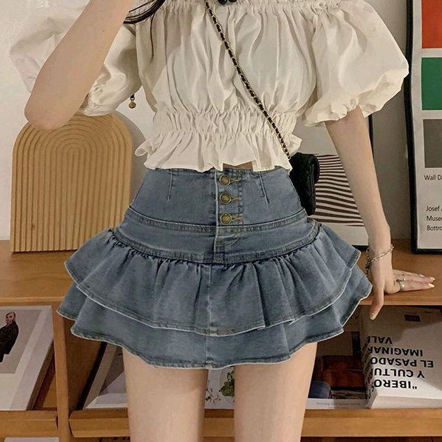 Chân váy jeans nút 2 tầng vạt xòe  👍