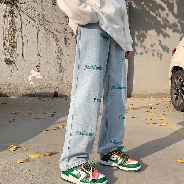 Quần Jean Thể Thao Ống Rộng Lưng Cao Thêu Chữ Thời Trang Dành Cho Nam Và Nữ Chân thẳng Chân rộng Unisex Quần tây thường