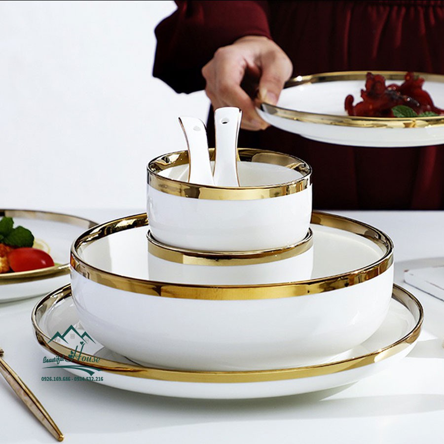 [LẺ] Set Bát Đĩa Đẹp - Đồ Dùng Phòng Ăn Sứ Trắng Viền Vàng Chất Lượng Cao - Lẻ Chi Tiết