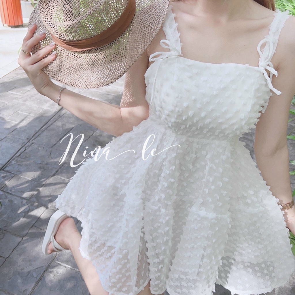 Váy đầm nữ dáng xòe voan lông vũ hai dây nơ lưng dễ thương