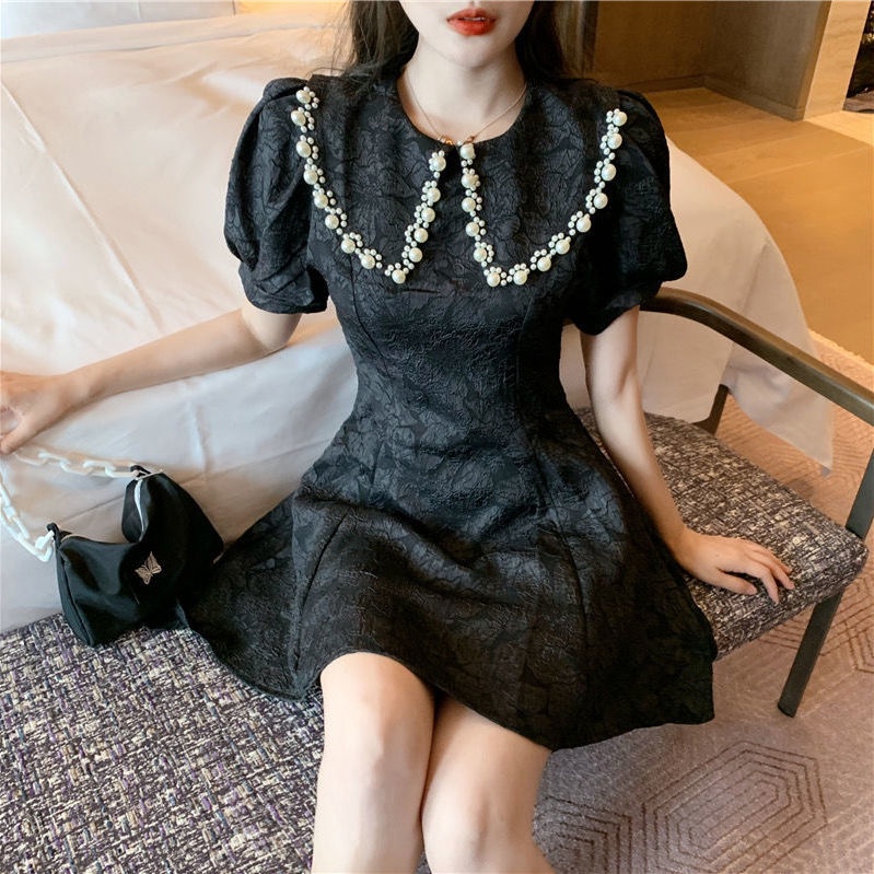 Đầm Ngắn Dáng Chữ A Cổ Búp Bê Tay Phồng Đính Hạt Thời Trang Mùa Hè Phong Cách Pháp 2022