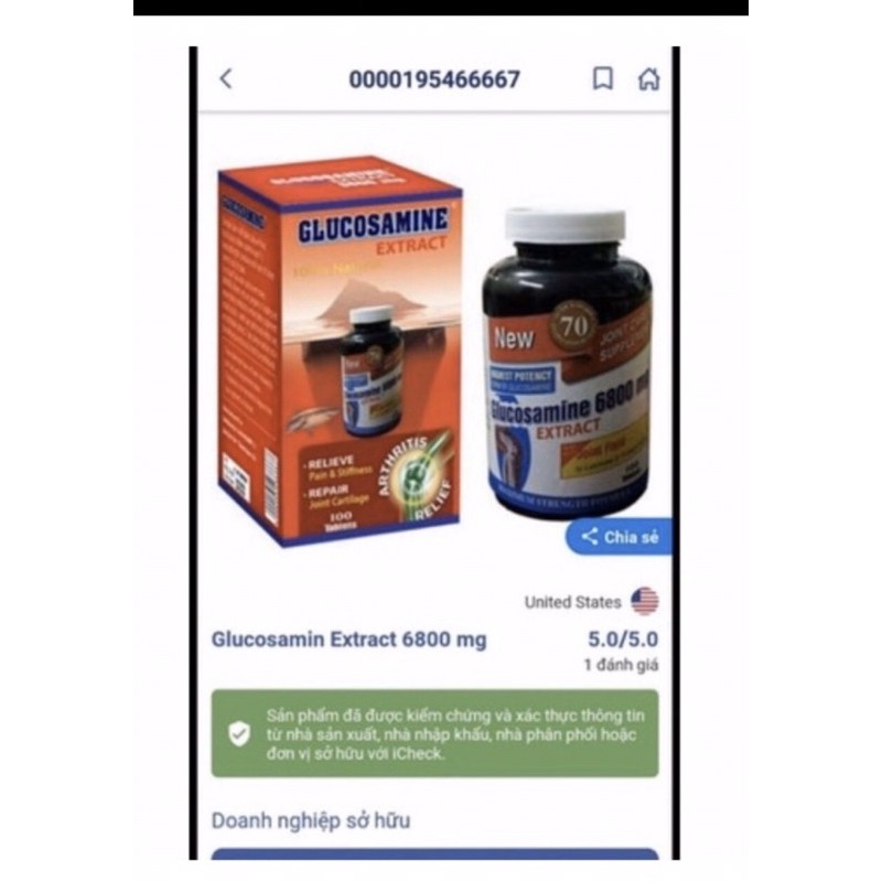 Viên Uống Hỗ Trợ Xương Khớp GLUCOSAMINE EXTRACT  6800mg - Hộp 100 viên- Nhập Khẩu MỸ